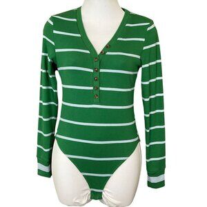 La Ligne X Target Green Light Blue Striped LS V-Neck Button-Front Bodysuit XS